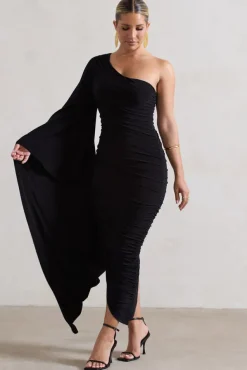 Halsey | Black Ruched One Shoulder Cape Sleeve Asymmetric Midi Dress