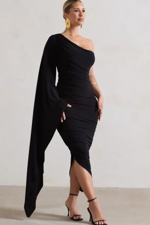 Halsey | Black Ruched One Shoulder Cape Sleeve Asymmetric Midi Dress
