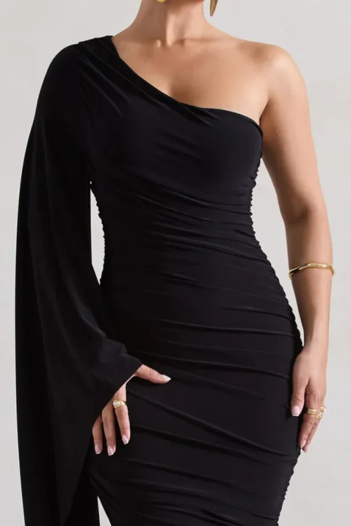 Halsey | Black Ruched One Shoulder Cape Sleeve Asymmetric Midi Dress