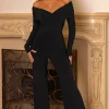 Hand On Heart | Black Twist Front Bardot Long Sleeve Jumpsuit