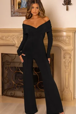 Hand On Heart | Black Twist Front Bardot Long Sleeve Jumpsuit