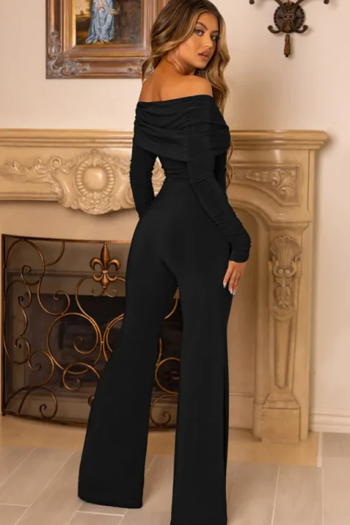 Hand On Heart | Black Twist Front Bardot Long Sleeve Jumpsuit