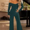 Hand On Heart | Bottle Green Twist Front Bardot Long Sleeve Jumpsuit