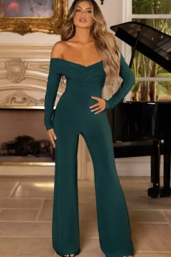 Hand On Heart | Bottle Green Twist Front Bardot Long Sleeve Jumpsuit