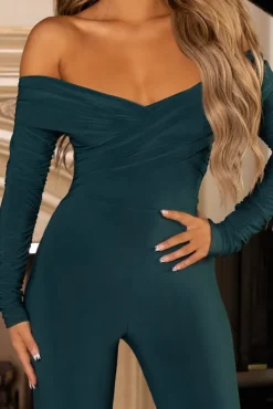 Hand On Heart | Bottle Green Twist Front Bardot Long Sleeve Jumpsuit