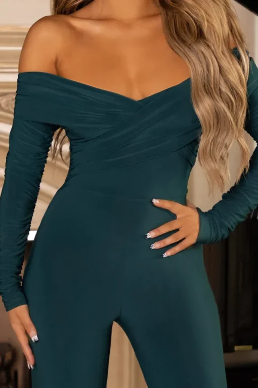 Hand On Heart | Bottle Green Twist Front Bardot Long Sleeve Jumpsuit