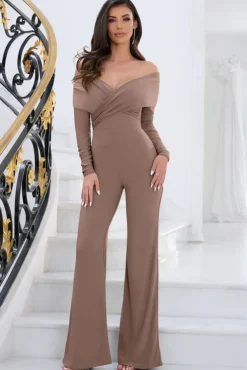 Hand On Heart | Dark Mocha Twist Front Bardot Jumpsuit
