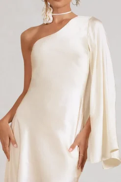 Hanna | Cream One Shoulder Asymmetric Draped Satin Mini Dress
