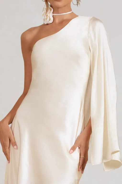 Hanna | Cream One Shoulder Asymmetric Draped Satin Mini Dress