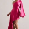 Hanna | Hot Pink One Shoulder Asymmetric Draped Satin Mini Dress