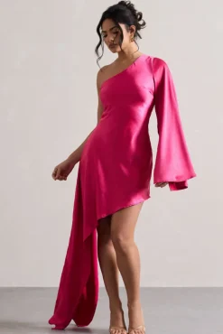 Hanna | Hot Pink One Shoulder Asymmetric Draped Satin Mini Dress
