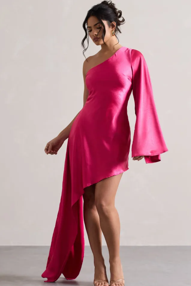 Hanna | Hot Pink One Shoulder Asymmetric Draped Satin Mini Dress