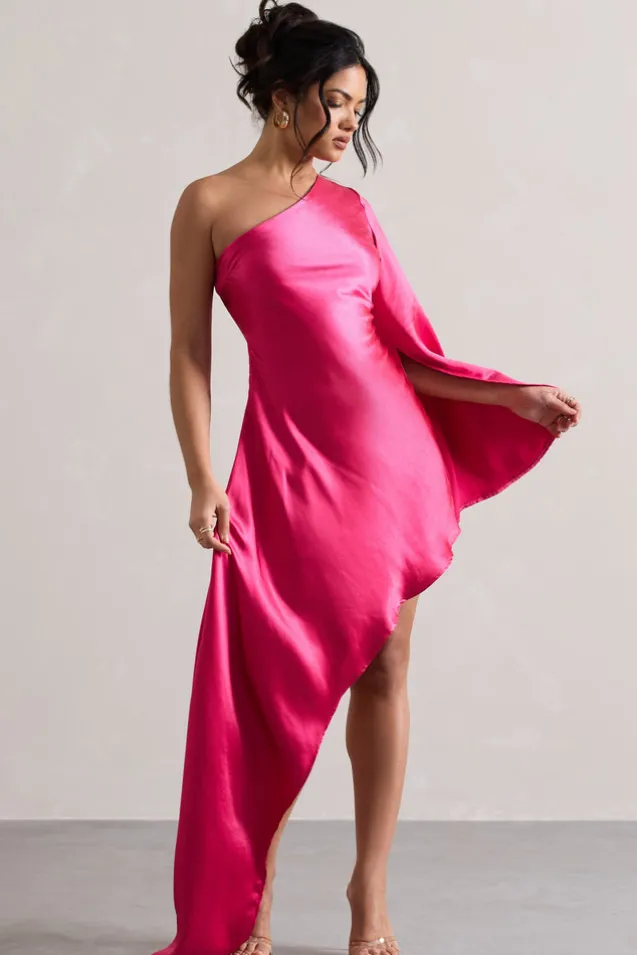 Hanna | Hot Pink One Shoulder Asymmetric Draped Satin Mini Dress