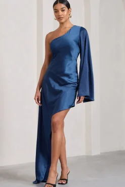 Hanna | Navy One Shoulder Asymmetric Draped Satin Mini Dress