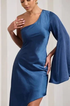 Hanna | Navy One Shoulder Asymmetric Draped Satin Mini Dress