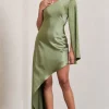 Hanna | Olive One Shoulder Asymmetric Draped Satin Mini Dress