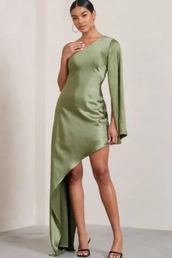 Hanna | Olive One Shoulder Asymmetric Draped Satin Mini Dress