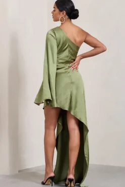 Hanna | Olive One Shoulder Asymmetric Draped Satin Mini Dress