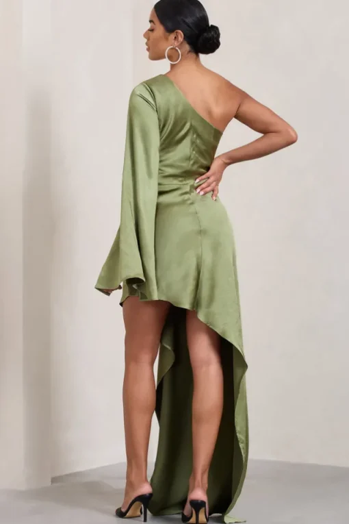 Hanna | Olive One Shoulder Asymmetric Draped Satin Mini Dress
