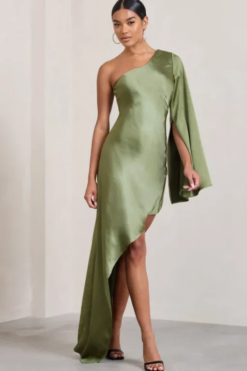 Hanna | Olive One Shoulder Asymmetric Draped Satin Mini Dress