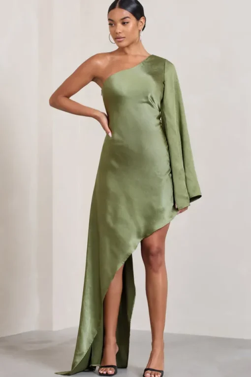 Hanna | Olive One Shoulder Asymmetric Draped Satin Mini Dress