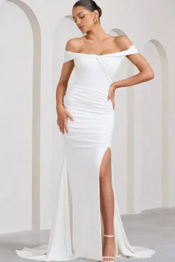 Harmony | White Ruched Bardot Split Fishtail Maxi Dress