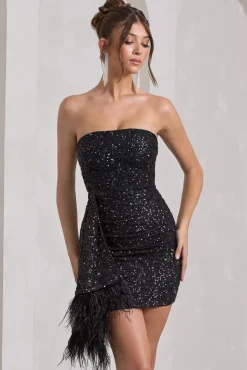 Harper | Black Sequin Bandeau Mini Dress With Feather Trim Drape
