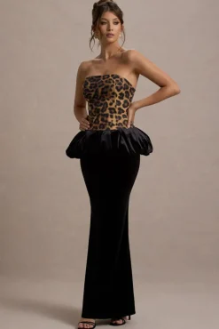Harriette | Leopard Print Bandeau Maxi Dress With Black Velvet Peplum Skirt