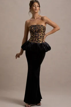 Harriette | Leopard Print Bandeau Maxi Dress With Black Velvet Peplum Skirt