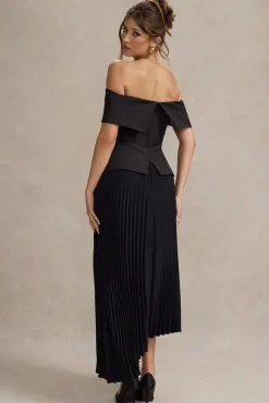 Hattie | Black Bardot Tailored Maxi Dress With Plisse Skirt