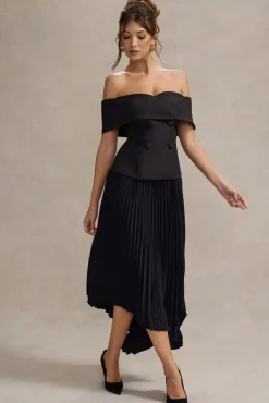 Hattie | Black Bardot Tailored Maxi Dress With Plisse Skirt