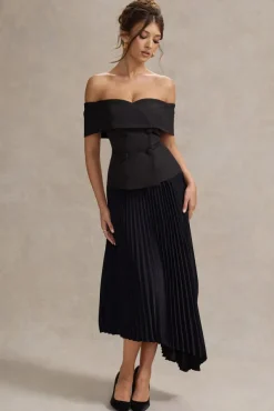 Hattie | Black Bardot Tailored Maxi Dress With Plisse Skirt