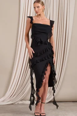 Havana Heat | Black Cowl Ruffle Chiffon Midi Dress