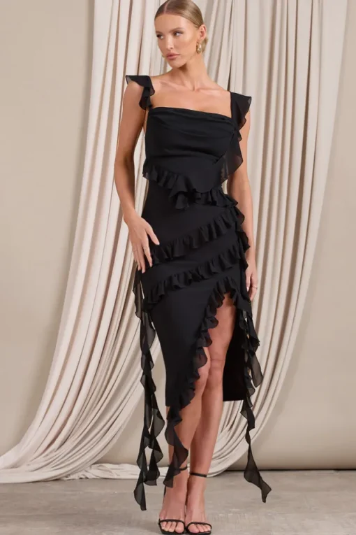 Havana Heat | Black Cowl Ruffle Chiffon Midi Dress
