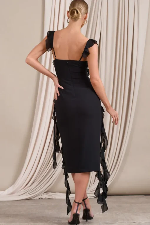 Havana Heat | Black Cowl Ruffle Chiffon Midi Dress