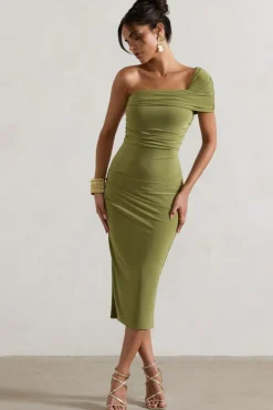 Hawaii | Olive Asymmetric One-Shoulder Split Midi Dress