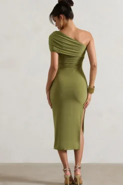 Hawaii | Olive Asymmetric One-Shoulder Split Midi Dress