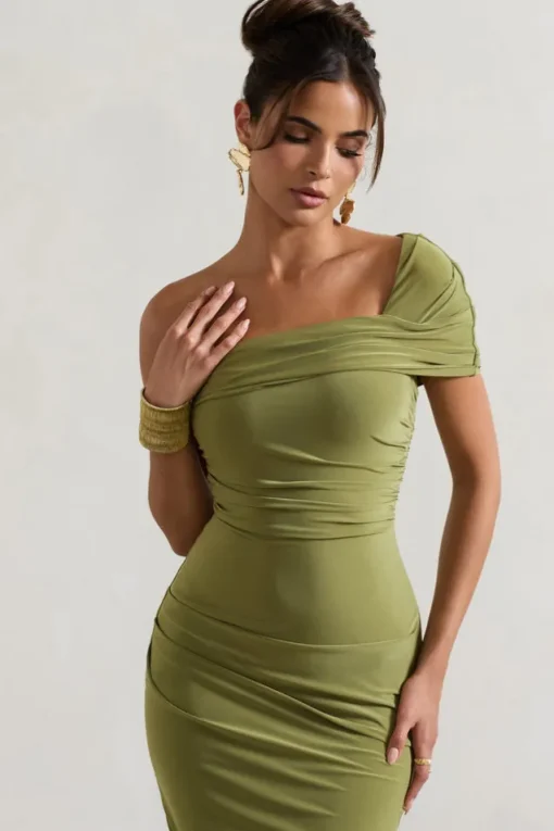 Hawaii | Olive Asymmetric One-Shoulder Split Midi Dress