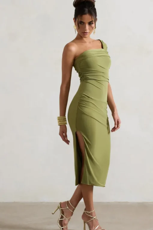 Hawaii | Olive Asymmetric One-Shoulder Split Midi Dress