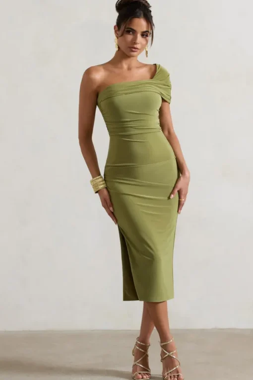 Hawaii | Olive Asymmetric One-Shoulder Split Midi Dress