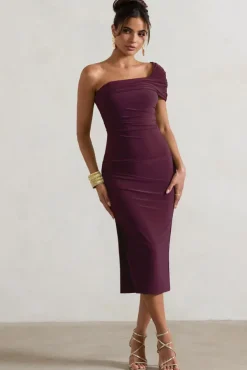 Hawaii | Plum Asymmetric One-Shoulder Split Midi Dress