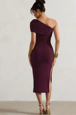 Hawaii | Plum Asymmetric One-Shoulder Split Midi Dress