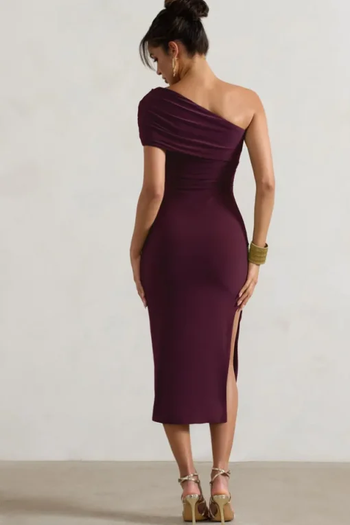 Hawaii | Plum Asymmetric One-Shoulder Split Midi Dress