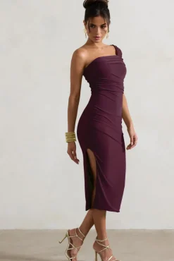 Hawaii | Plum Asymmetric One-Shoulder Split Midi Dress