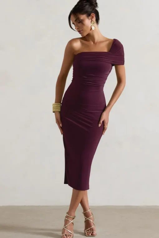 Hawaii | Plum Asymmetric One-Shoulder Split Midi Dress