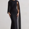Haze | Black High-Neck Maxi Dress With Chiffon Cape