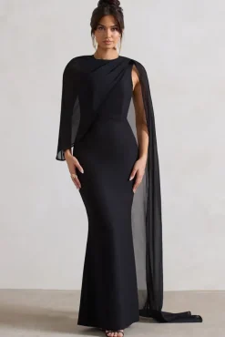 Haze | Black High-Neck Maxi Dress With Chiffon Cape