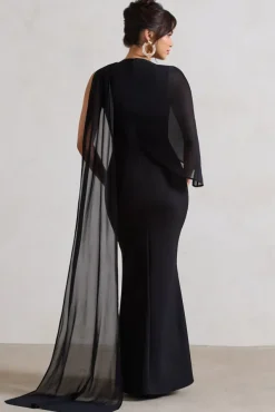 Haze | Black High-Neck Maxi Dress With Chiffon Cape