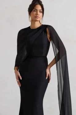 Haze | Black High-Neck Maxi Dress With Chiffon Cape