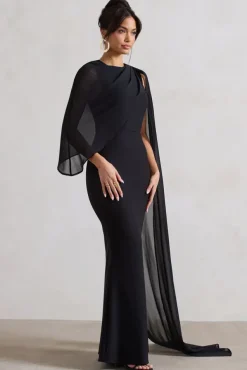 Haze | Black High-Neck Maxi Dress With Chiffon Cape